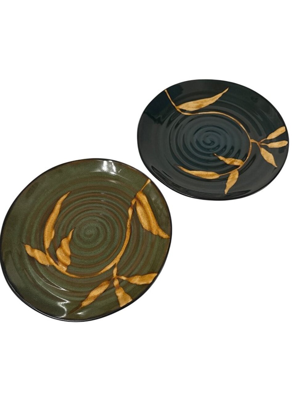 Pier 1 Imports Dakara Stoneware Dinner Plates 11" 1-Teal 1-Green Hand Painted